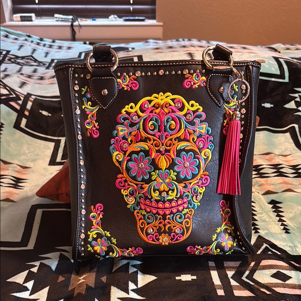 Embroidered Black concealed carry  Tote Bag with Colorful Floral Design